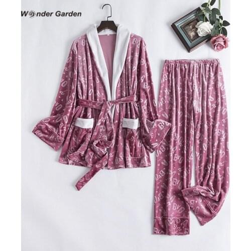 Wonder Garden Fshion Velvet Pajamas Set Woman Warm Sleepwear Letter Printing Casual Two-piece Suit Fall Winter Belt Nightwear