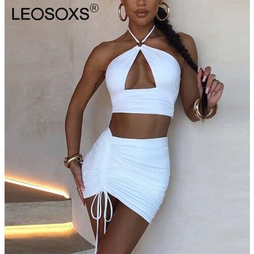 Summer Two Piece Set Skirts Women Elegant Sexy Halter Crop Top And Mini Skirt Sets Cut Out Bandage Party Dress Suits Club Outfit