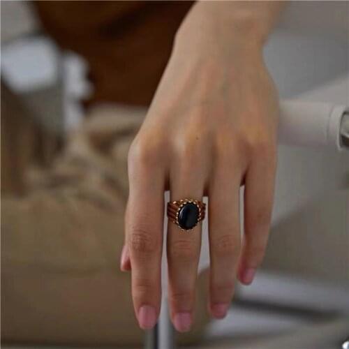 Stripe design silver inlaid round black agate adjustable ring personality and temperament strange womens brand jewelry