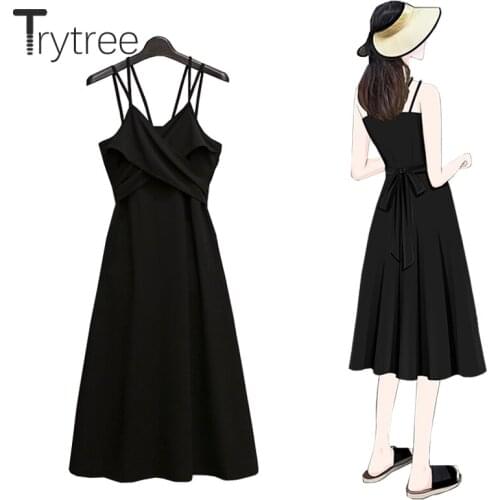 Trytree Summer Women Dress Casual Sleeveless V-neck Criss-Cross Ruffles Silky Elegant Mid-Calf A-line Solid Sexy Camisole Dress