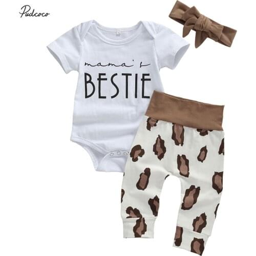 2020 Summer Girls 3pcs Letter Print Short Sleeve Romper Tops Leopard Long Pants Headband Infant Baby Girl Clothes Set