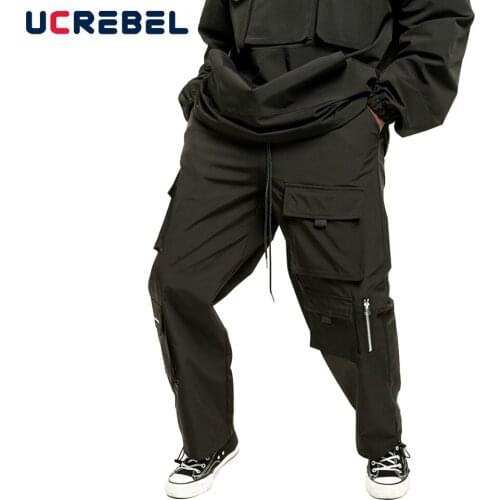 Multi-Pocket Cargo Pants Mens Solid Color Drawstring Jogger Pants High Street Elastic Waist Loose Casual Pants Men