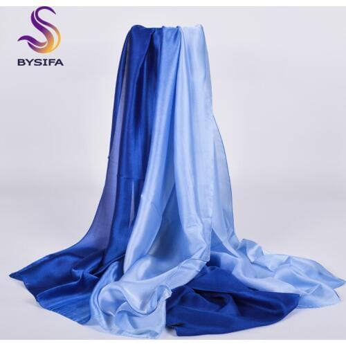 [BYSIFA] New Blue Gradient Silk Scarf Shawl Women Long Satin Brand Scarves Spring Simple Plain Muslim Women Head Scarf 180*90cm