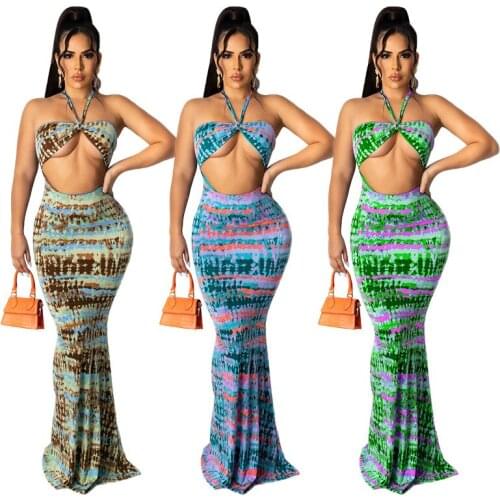 Elegant Halter Print Cut Out Long Women Dress Sexy Off The Shoulder Sleeveless Hollow Out Bodycon Club Party Dresses Robe Femme
