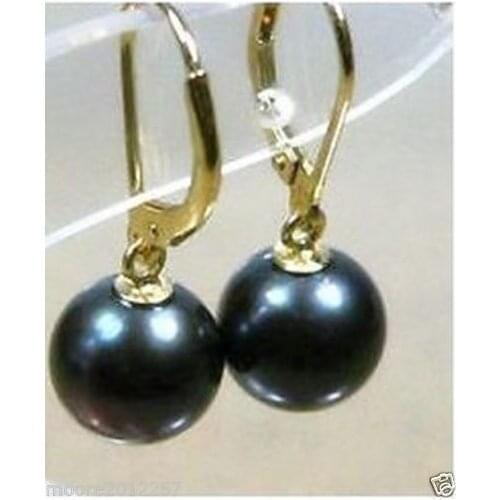 PERFECT ROUND BLACK 10-11MM AAA SOUTH SEA PEARL DANGLE EARRING 14k/20 YELLOW GOLD