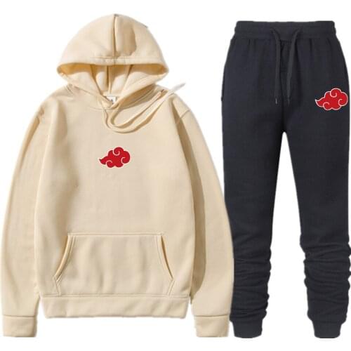 Mens Sportswear Set Hoodie Sweatshirt Streetwear Mens 2-piece Sweatshirt + Sweatpants Set Anime Akatsuki Cloud Symbols Print