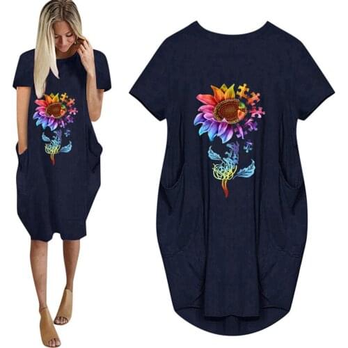 Summer Dress Women O-Neck Short Sleeve Sunflower Print Dress For Women Clothing Casual Loose Pocket Dresses Femme Robes Vestidos