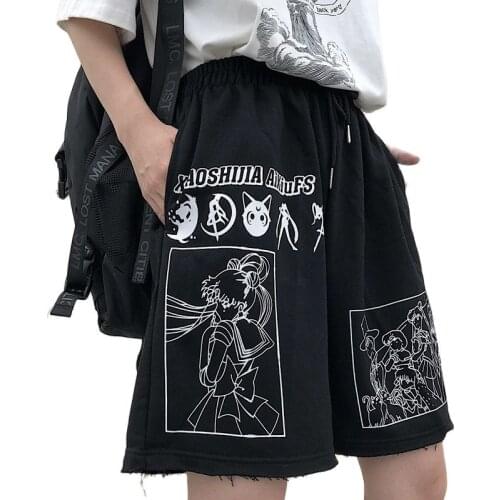 2021 summer shorts unisex casual loose student cotton five-point pants elastic high waist slim short anime cartoon print shorts