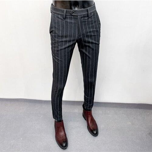 2021 Autumn Classic Striped Business Dress Pants Men Slim Office Social Suit Pants Casual Wedding Groom Trousers Street Clothing