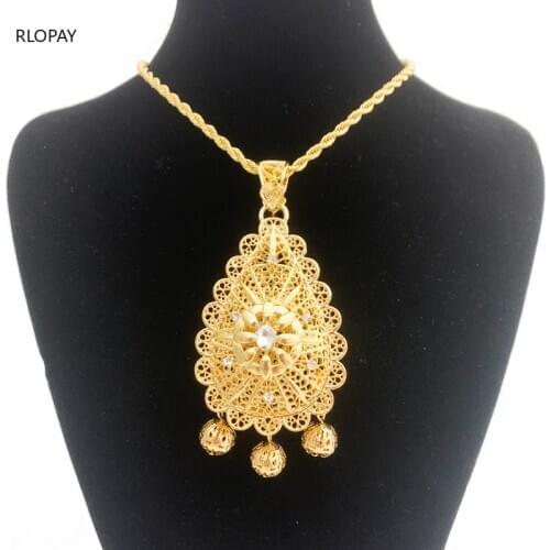 RLOPAY New EthnicTwo-double Women Necklace Water Drop Gold Pendants with Slip Chain Algeria Bridal Crystal Pendant