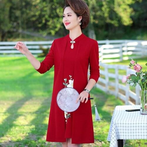 Cheongsam Dress Fake two Spring Autumn High-end Elegant Dress Middle-aged Womens Embroidered Dress Set Plus Size 5XL