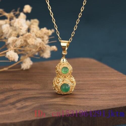 Green Jade Gourd Pendant Women Gifts Chinese Chalcedony Necklace 925 Silver Charm Natural Zircon Amulet Crystal Jewelry