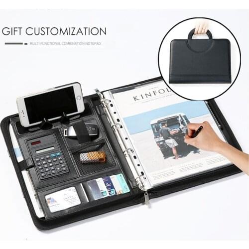 Portable Pu Notebook Multi-Function Calculator Storage Handbag A4 Zipper Bag Business Office Essential Tools Supplies Accessory