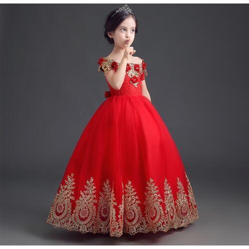 Luxury Strapless Red Beading Flower Girl Performance Dresses Kids Children Appliques Embroidery Gold Wire First Holy Ball Gowns
