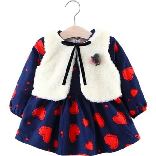 Christmas Girls Dress New Autumn Plush Vest Vest + Baby Dress Cartoon Long Sleeve Wool Bow Design For Princess Dress Girls