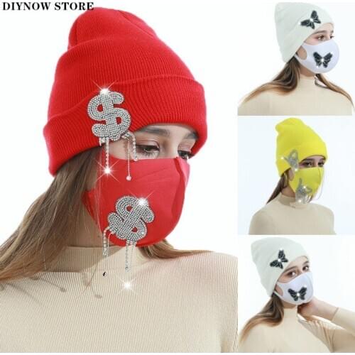 Beanies Winter Hats For Woman Beanie Mask Set Butterfly Rhinestone Fashion Knit Hat Casual Girls Warm Hat Wholesale