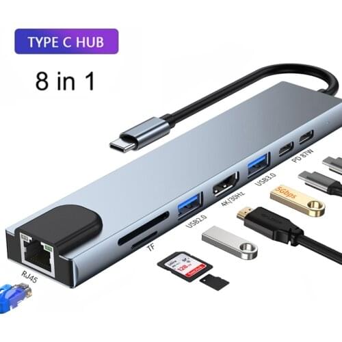 8-IN-1 USB C Hub Type-C To 4K HDMI-Compatible RJ45 USB SD/TF Card Reader PD Fast Charge USB Dock for MacBook Air Pro PC HUB