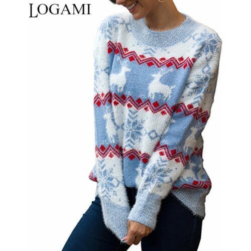 LOGAMI Snow Deer Knitted Christmas Sweater Women O Neck Long Sleeve Pullover and Sweater Autumn Winter Jumper
