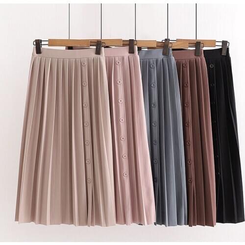 Ladies Pleated Skirt 2021 Spring and Autumn Solid Women High Waist Single Breasted Elegant Office Midi Skirt Female Saia Faldas