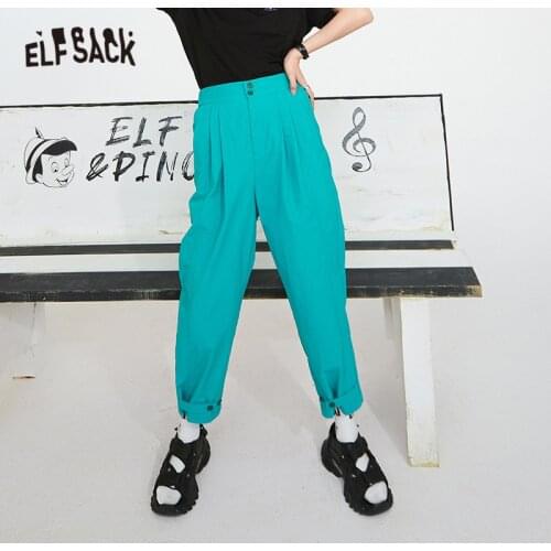 ELFSACK Solid Pure High Waist Straight Casual Minimalist Women Pants 2021 Spring ELF Korean Ladeis Daily Basic Harem Trouser