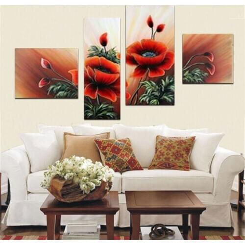 100%Hand Painted Blooming Flower Painting Red Abstract Picture Home Decor Oil Painting on Canvas 4 pcs/set Wall Art