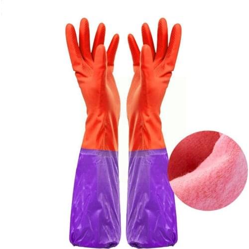 Velvet Long Stripe Household Winter Dishwashing Gloves Gloves Warm Rubber Waterproof W9B3