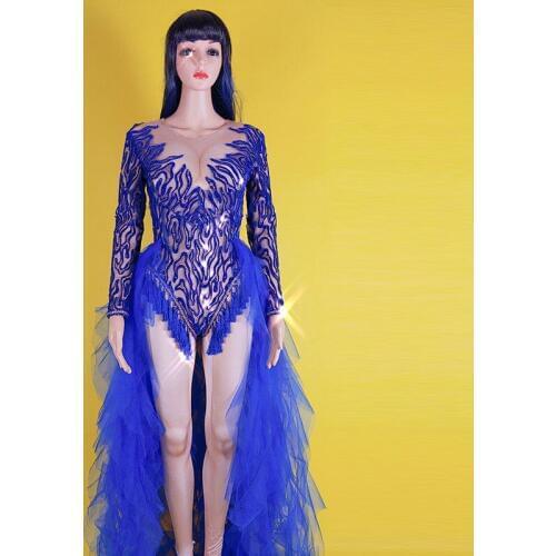 D92 Ballroom dance female blue Trailing dress stage bodysuit party wears singer perform jumpsuit dj outfits disco costumes cloth