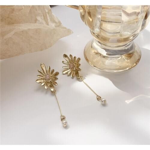 Long Stick Simulated-pearls Big Flowers Dangle Earrings for Women Fashion Indian Jewelry