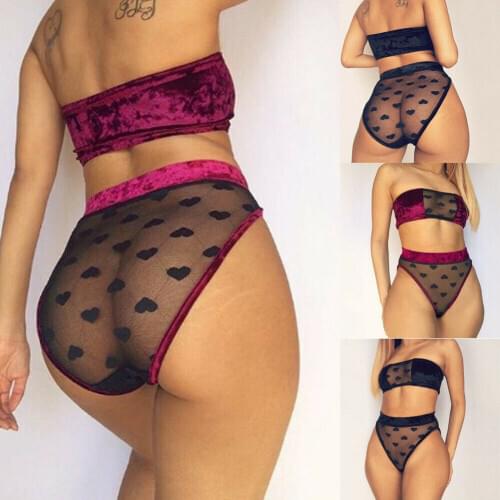 Women Sexy Lingerie Babydoll Nightwear Heart Print Lace Bra Set G-string Panty Underwear Nightwear