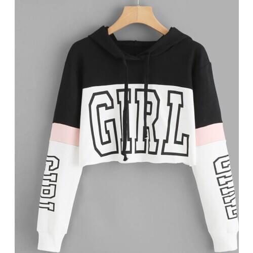 40# Women Letters Printing Hoodie Crop Top Long Sleeve Hoodie Sweatshirt Hooded Pullover Harajuku Blouse Teen Girls Sudaderas
