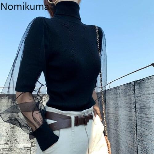 Nomikuma Korean Elegant Turtleneck Knitted Basic Tops Korean Mesh Patchwork Knitwear 2020 Autumn Winter Women Pullovers 6D483
