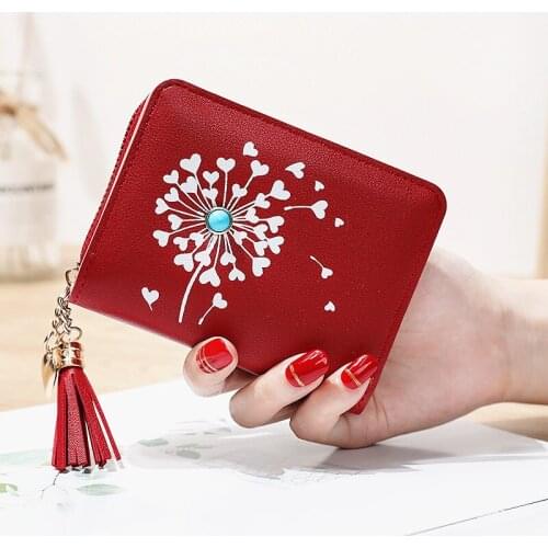 Short Women Print Flower Pu Leather Wallets Female Tassel Solid Color Zipper Coin Purses Ladies Hasp Card Holder Mini Clutch Bag