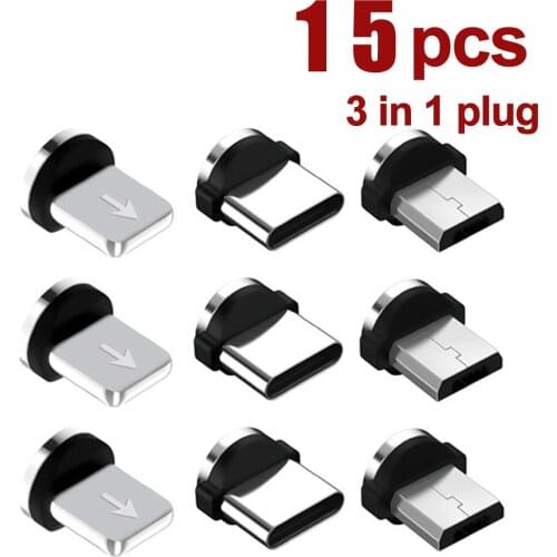 USLION 15Pcs Magnetic Tips 3 IN 1 Plug Micro Converter Cable Adapter Type C For iPhone Samsung Mobile Phone Replacement Parts