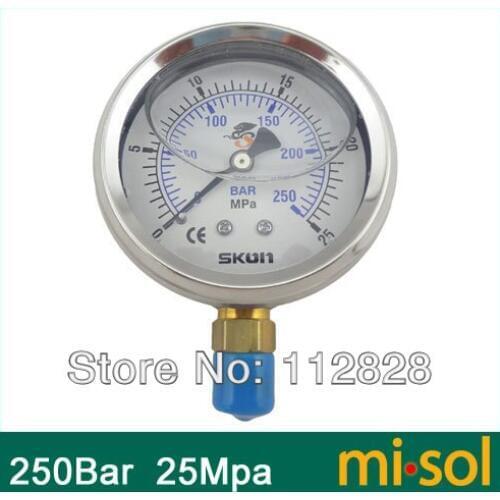 Pressure gauge 25Mpa 250bar brass bar, Radial connection, BSP 1/4"