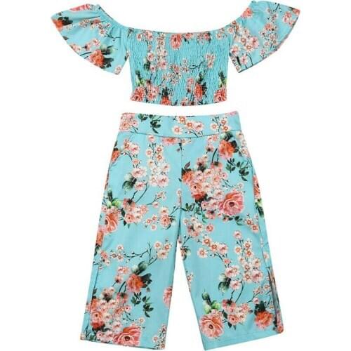 1-6Y Summer Toddler Kids Baby Girl Off shoulder Tank Tops Floral Wide Leg Pant Trouser 2PCS Holiday Boho Clothing Set