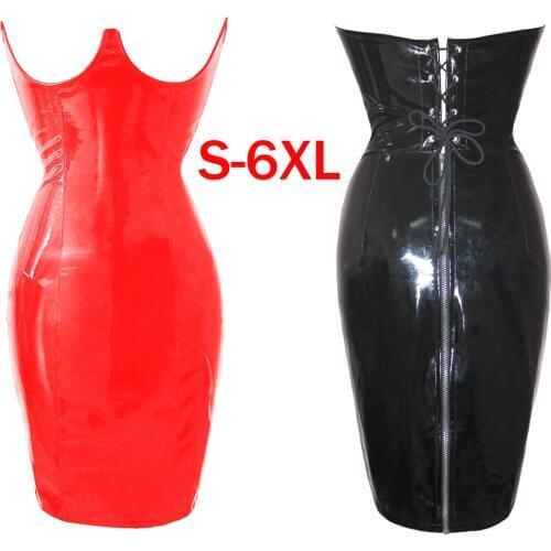 New Lady Sexy Open Bust Leather PVC Wetlook Dress Women Bandage Bodycon Underbust Corset Dress Fetish Clubwear Party Dresses