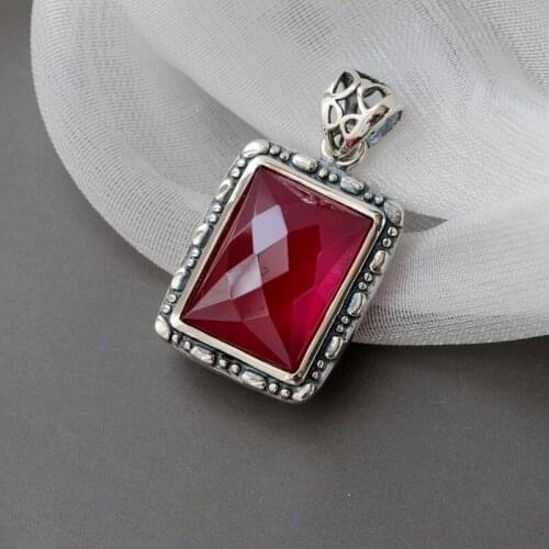 Authentic 925 Sterling Silve Inlaid Artificial Ruby National Style Trendy Oblong Pendant Fine Female Wedding Party Jewelry