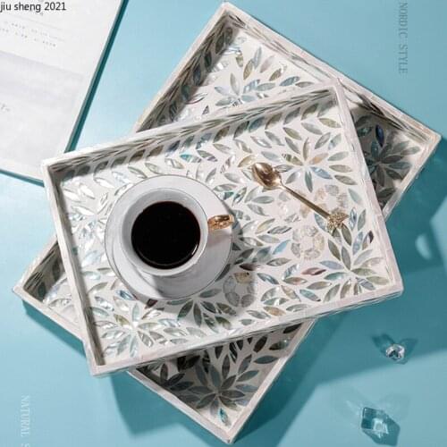 European Color Shell Storage Tray Wooden Rectangular Fruit Food Tea Cup Home Storage Box Jewelry Necklace Display Tray Home Deco