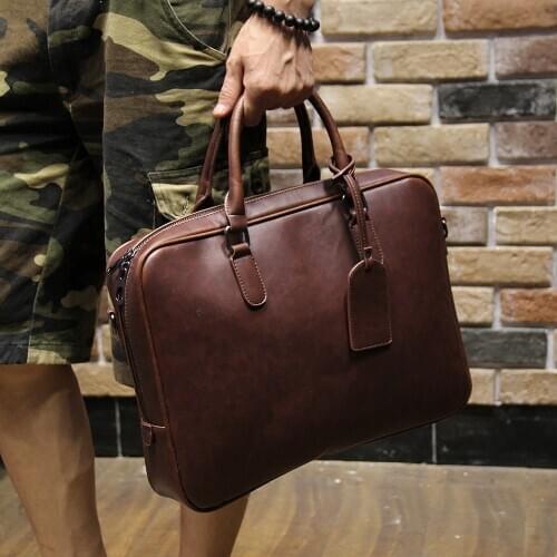 Mens crazy horse pu leather briefcases male fashion brown business shoulder bags large handbag messenger bag work file bag