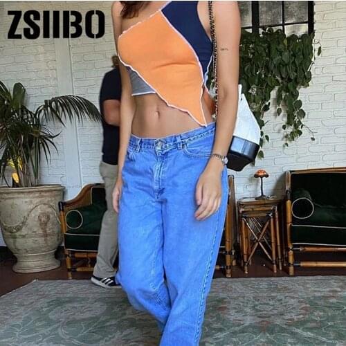 Casual Contrast knitting camisole street womans One shoulder club activity female bodycon crop tops clothes patchwork tank top