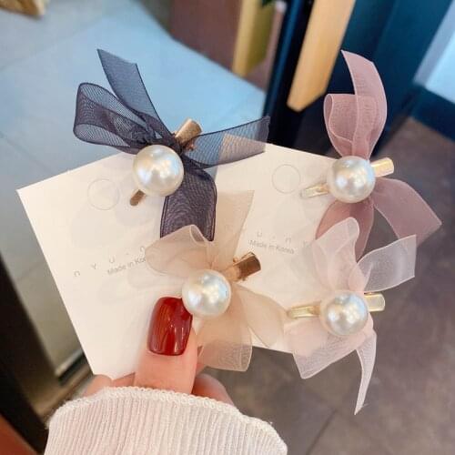 Romantic Mesh Bow Pearl Hairpin Sweet Bangs Clip Girls Heart Side Hair Accessories