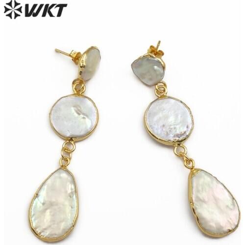 WT-E491 Natural Freshwater Pearl Jewelry Three Pearls In Round Teardrop Shape Gold Earring Wedding Pearl Earring Gift For Her