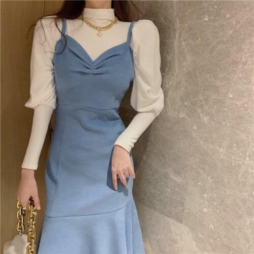 Spring Sweet Dress Women Elegant Trumpet Party Slim Midi Dress Female Office Lady French High Street Korean Dress Women
