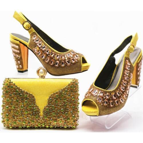 Wonderful yellow women pumps with big crystal decoration for dress african shoes match handbag set G72