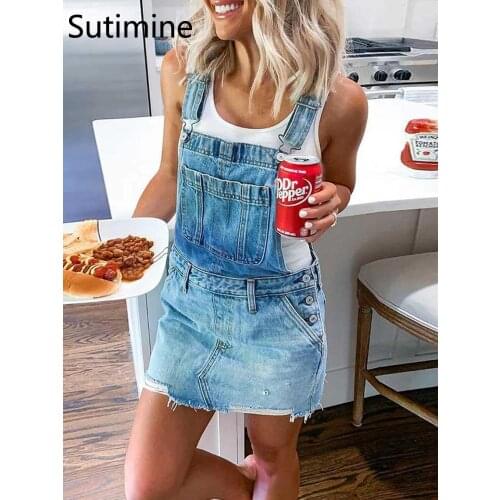 Womens Retro Strap Skirt Jean with Pocket Summer High Waist Ripped Strap Overalls Denim Skirt Jumpsuit Skirt Female