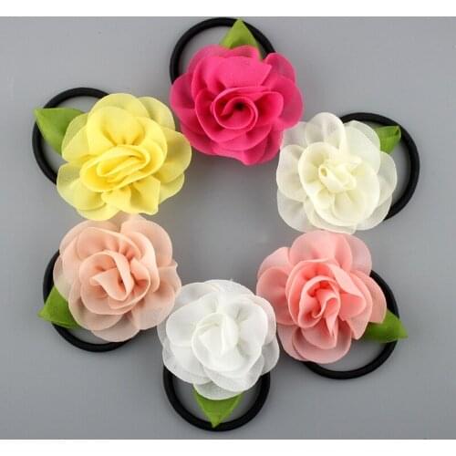 20PCS women tie Hair Accessories Korean Chiffon Flower With Green Leaf Rolled Rosette WITH Hair tie Kids Elastic Hairband