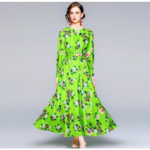2021 Autumn Designer Runway Long Maxi Dress Womens O-Neck Long Puff Sleeve Green Floral Print Holiday Party Dress k8617