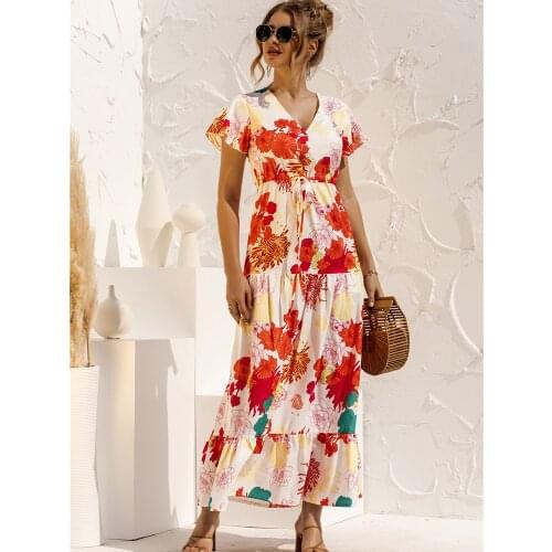 2021 Printed Ruffled Womens Summer Dress V-neck Short Sleeve Butterfly Long Sleeve Boho Dress Womens Holiday Sun Dress