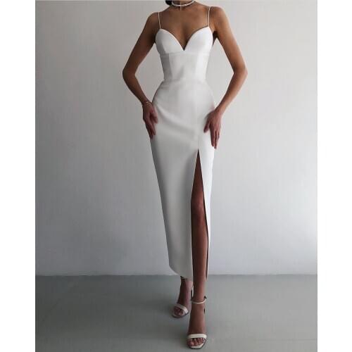 2020 Women Sexy V Neck Split Mid-calf White Bandage Dress Elegant Night Club Prom Celebrity Bodycon Party Dress Vestido