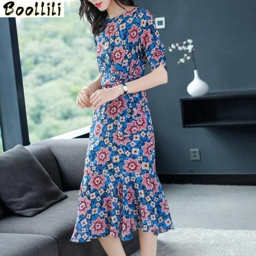 Boollili Real Silk Dress Women Summer Dress Korean Vintage Print Beach Dress Elegant Party Dresses Woman Vestidos Mujer